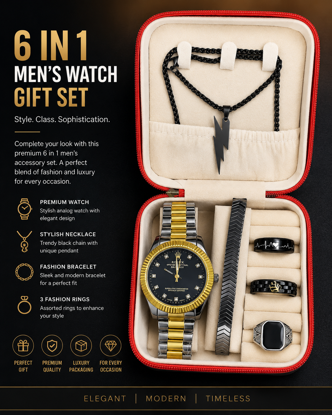Pack of 6 Watch Set for Men Stainless Steel Analog Quartz Watch with Accessories Fashion and Luxury Style Multiple Colors