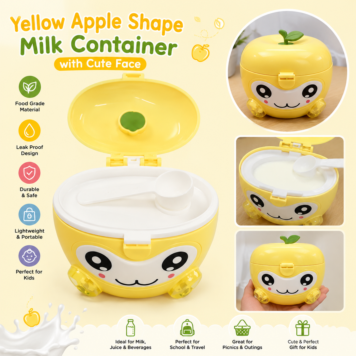 Yellow Apple Shape Milk Container with Cute Face