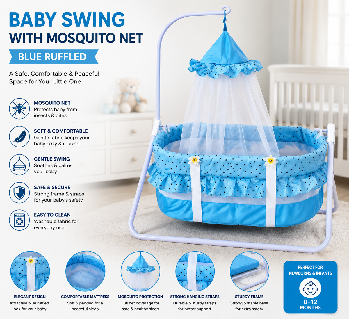 Baby Swing with Mosquito Net Blue Ruffled