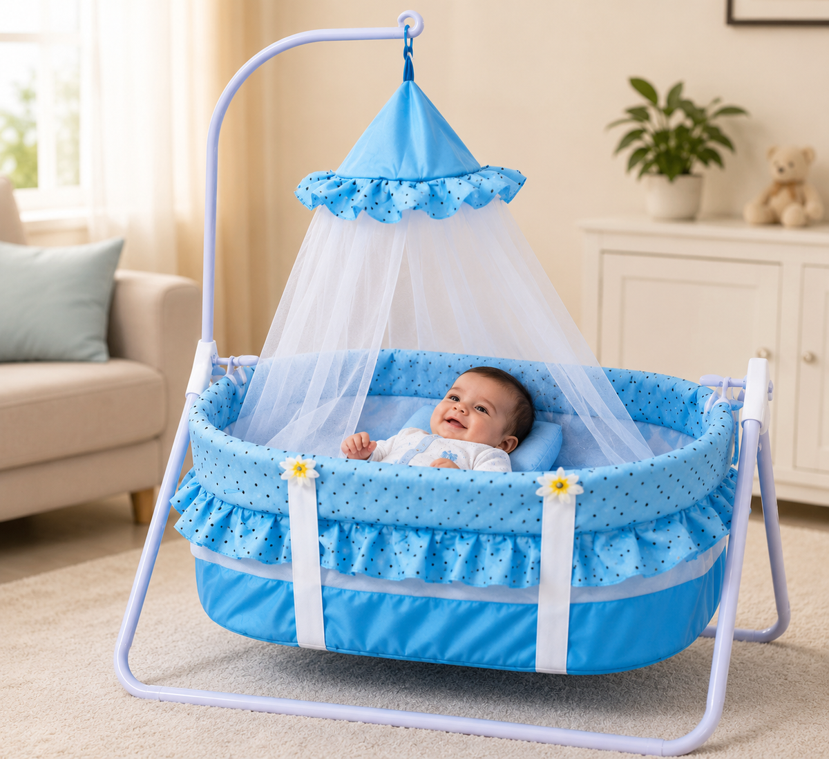Baby Swing with Mosquito Net Blue Ruffled