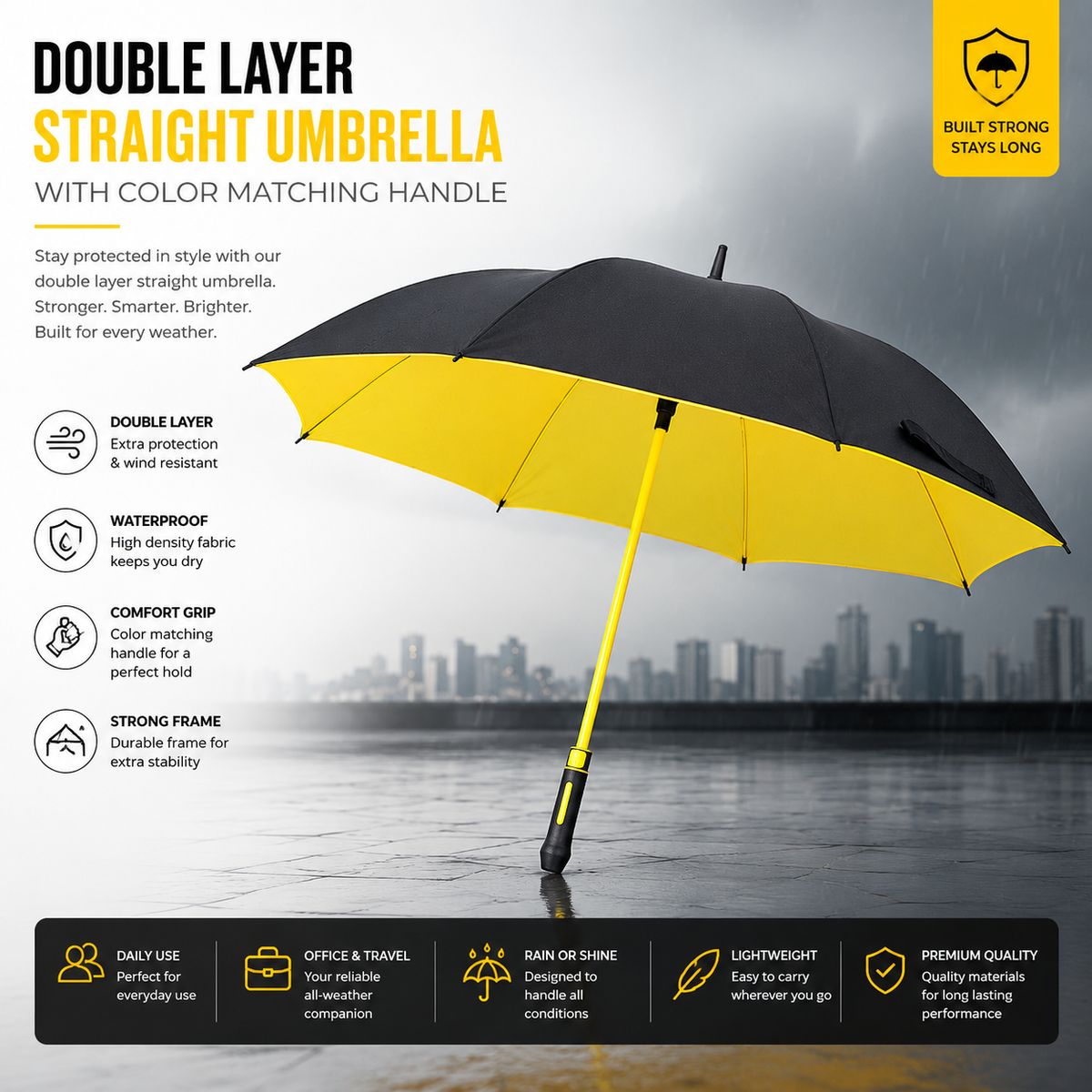 Double Layer Straight Umbrella with Color Matching Handle