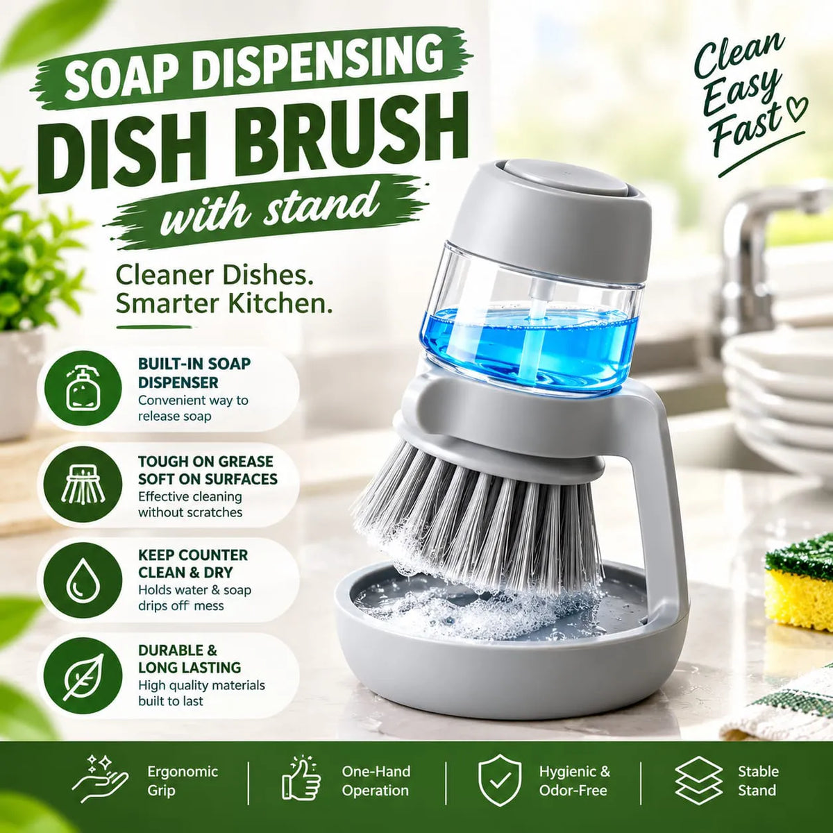 Soap Dispensing Dish Brush with Stand | Easy &amp; Fast Kitchen CleaningMake dishwashing easier with our Soap Dispensing Dish Brush! 🫧