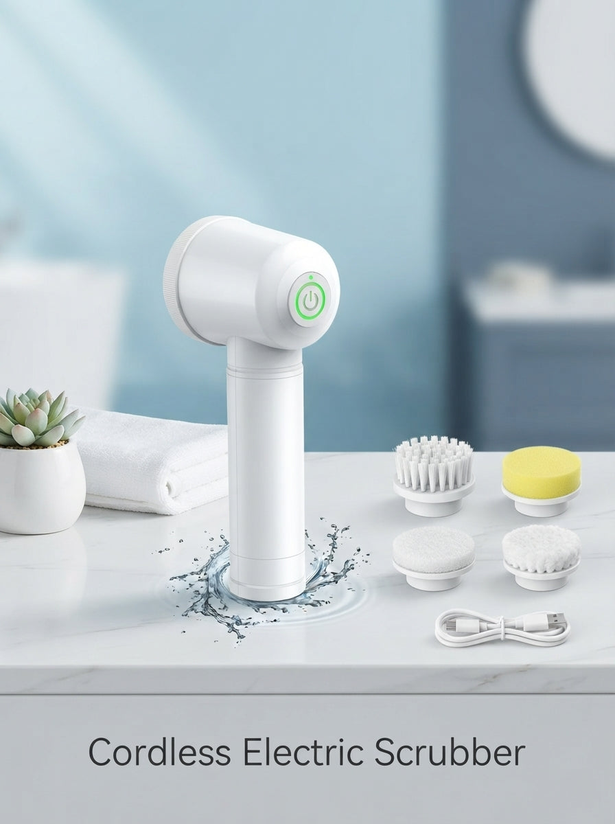 A 5-in-1 electric scrubber with interchangeable heads displayed on a white surface with blue-toned decor.