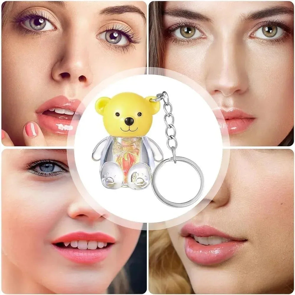 Teddy Bear Lip Oil Set 6pcs Glossy Pink Keychain