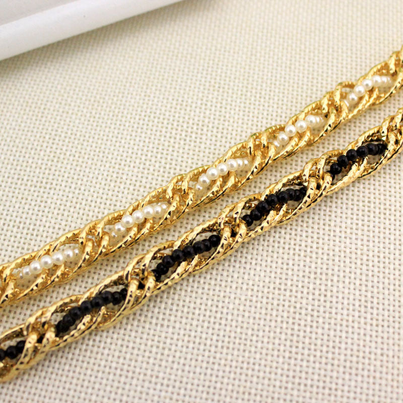 Women Pearl Waist Chain Black Gold Fashion Belt