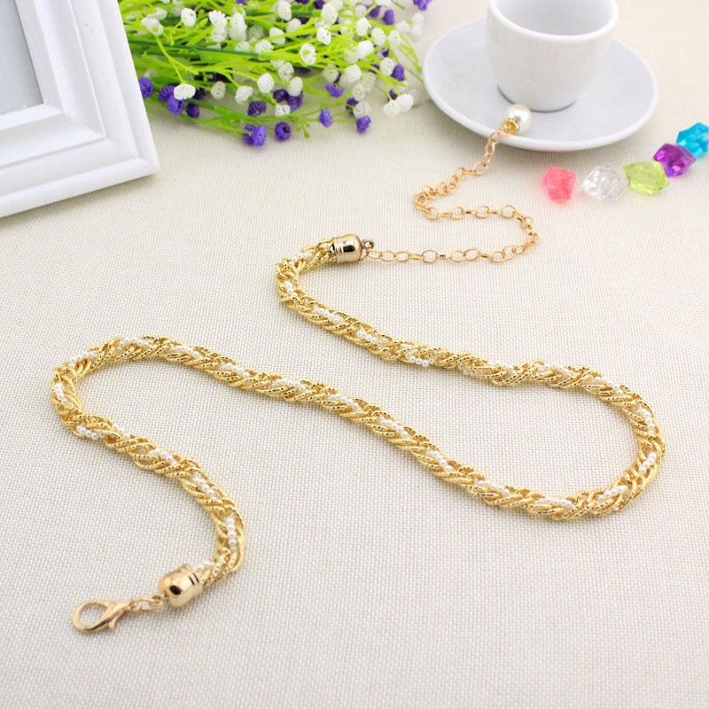 Women Pearl Waist Chain Black Gold Fashion Belt