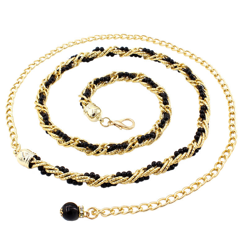 Women Pearl Waist Chain Black Gold Fashion Belt