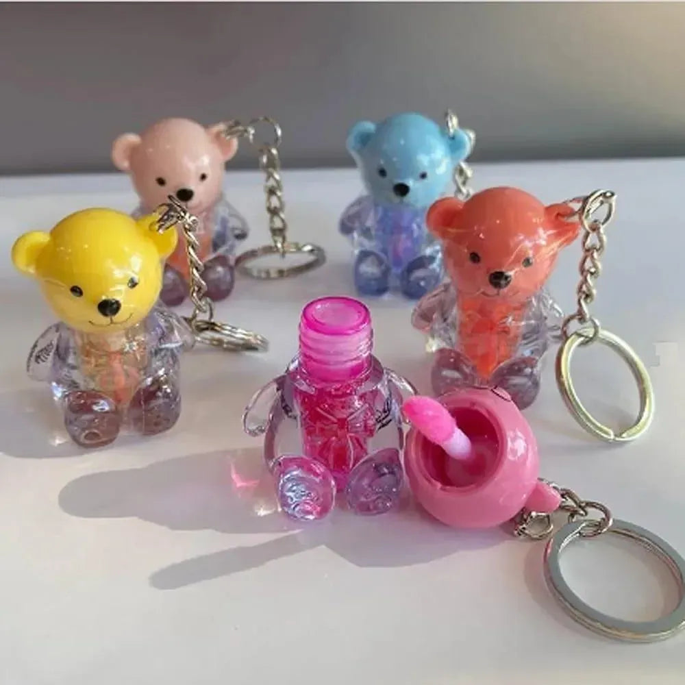 Teddy Bear Lip Oil Set 6pcs Glossy Pink Keychain