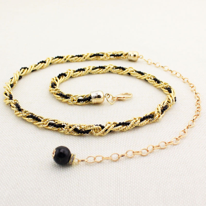 Women Pearl Waist Chain Black Gold Fashion Belt