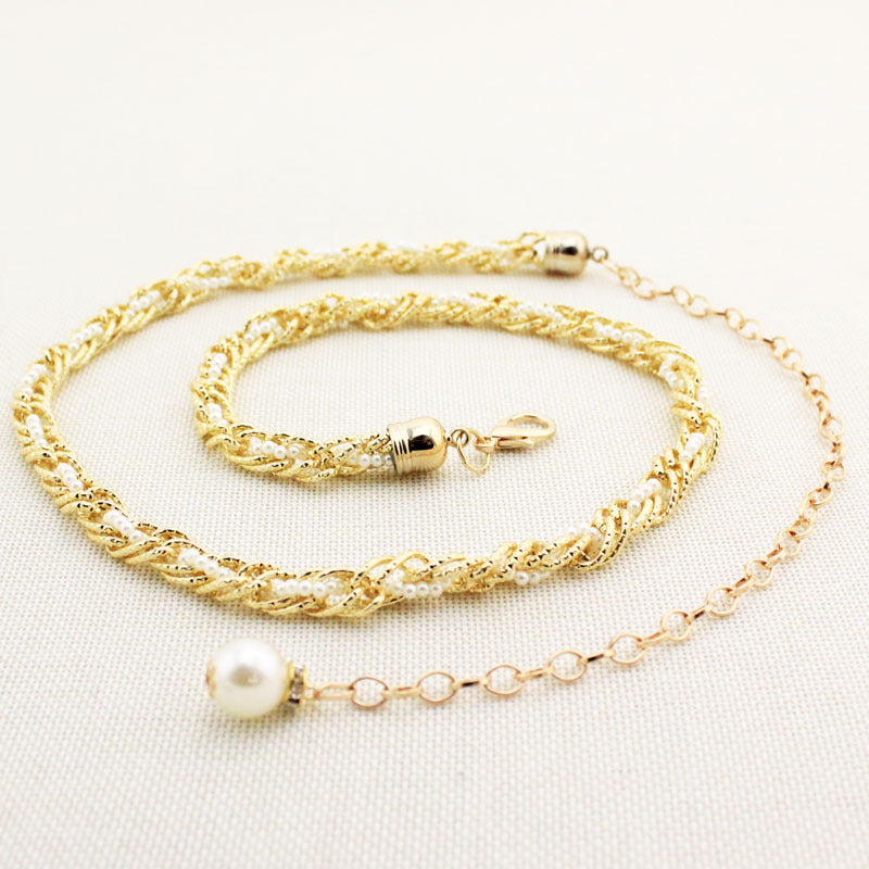 Women Pearl Waist Chain Black Gold Fashion Belt