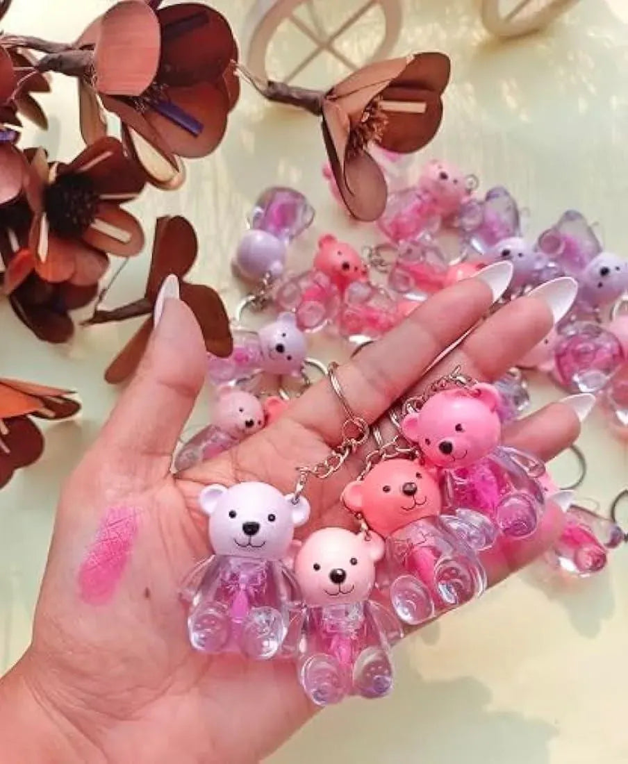 Teddy Bear Lip Oil Set 6pcs Glossy Pink Keychain