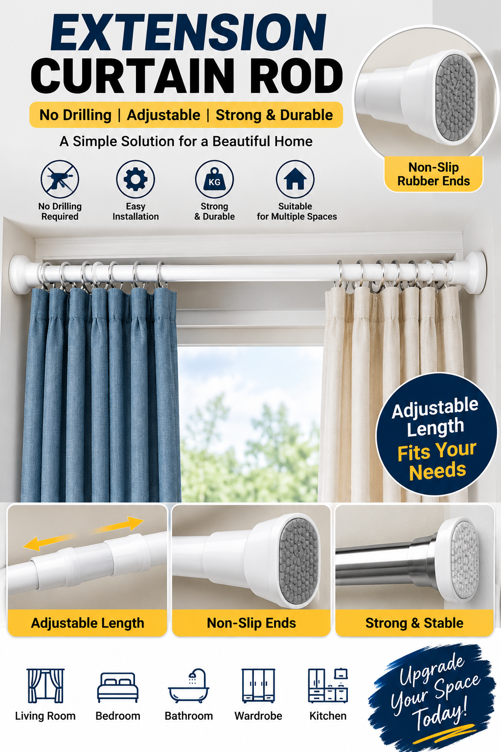 Extension Curtain Rod | No-Drill Adjustable Rod 🏠✨